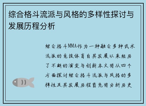 综合格斗流派与风格的多样性探讨与发展历程分析