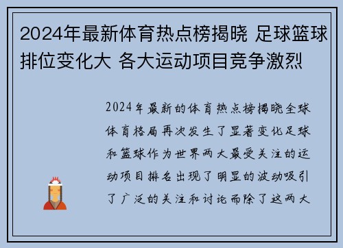 2024年最新体育热点榜揭晓 足球篮球排位变化大 各大运动项目竞争激烈